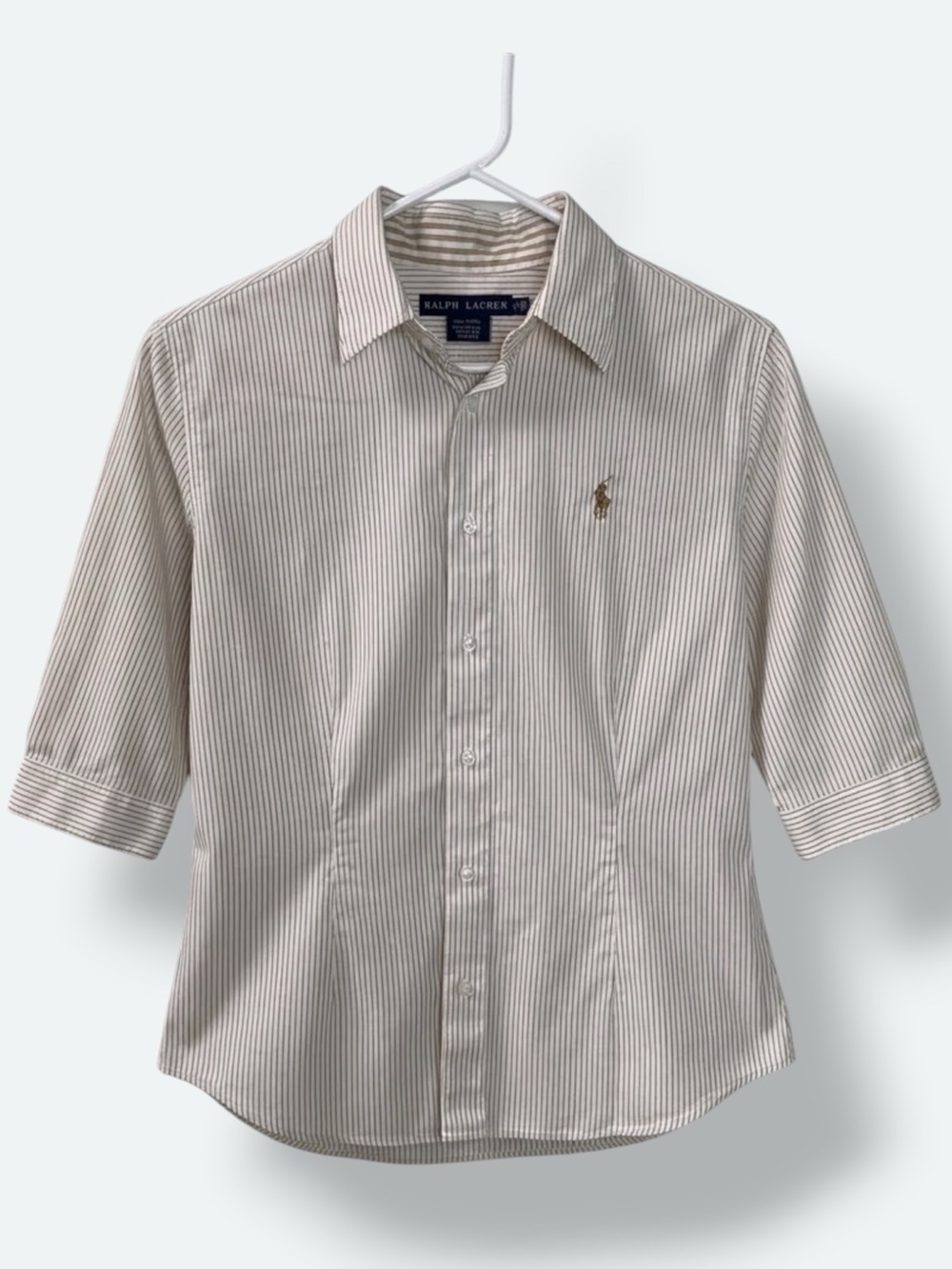 Ralph Lauren Button Up Shirt 100% Cotton Fitted Tan Camel White Stripe Women 10